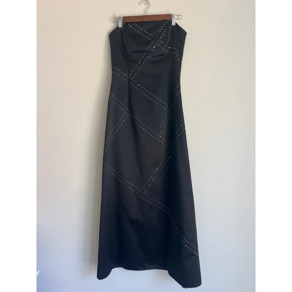 Jessica McClintock Vintage Prom Black Satin Strapless Rhinestone Gown Size 8 - Picture 2 of 8